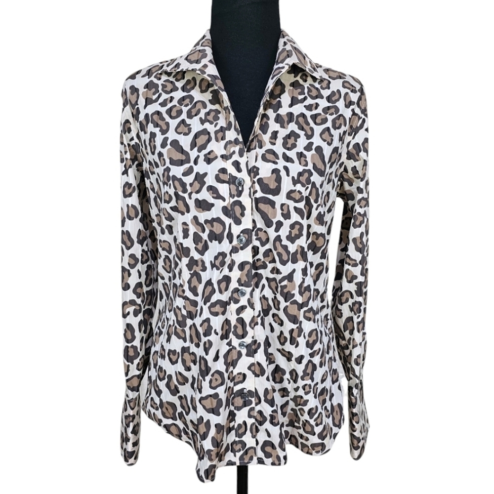 Paperwhite Leopard Print Button Front V-Neck Stand Collar Dress Shirt Nylon 6